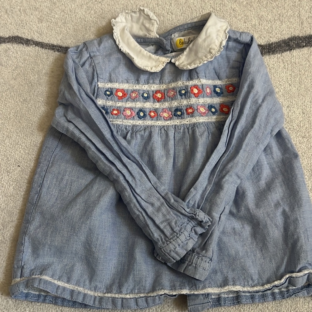 Baby Boden Blue Blouse with Floral Embroidery